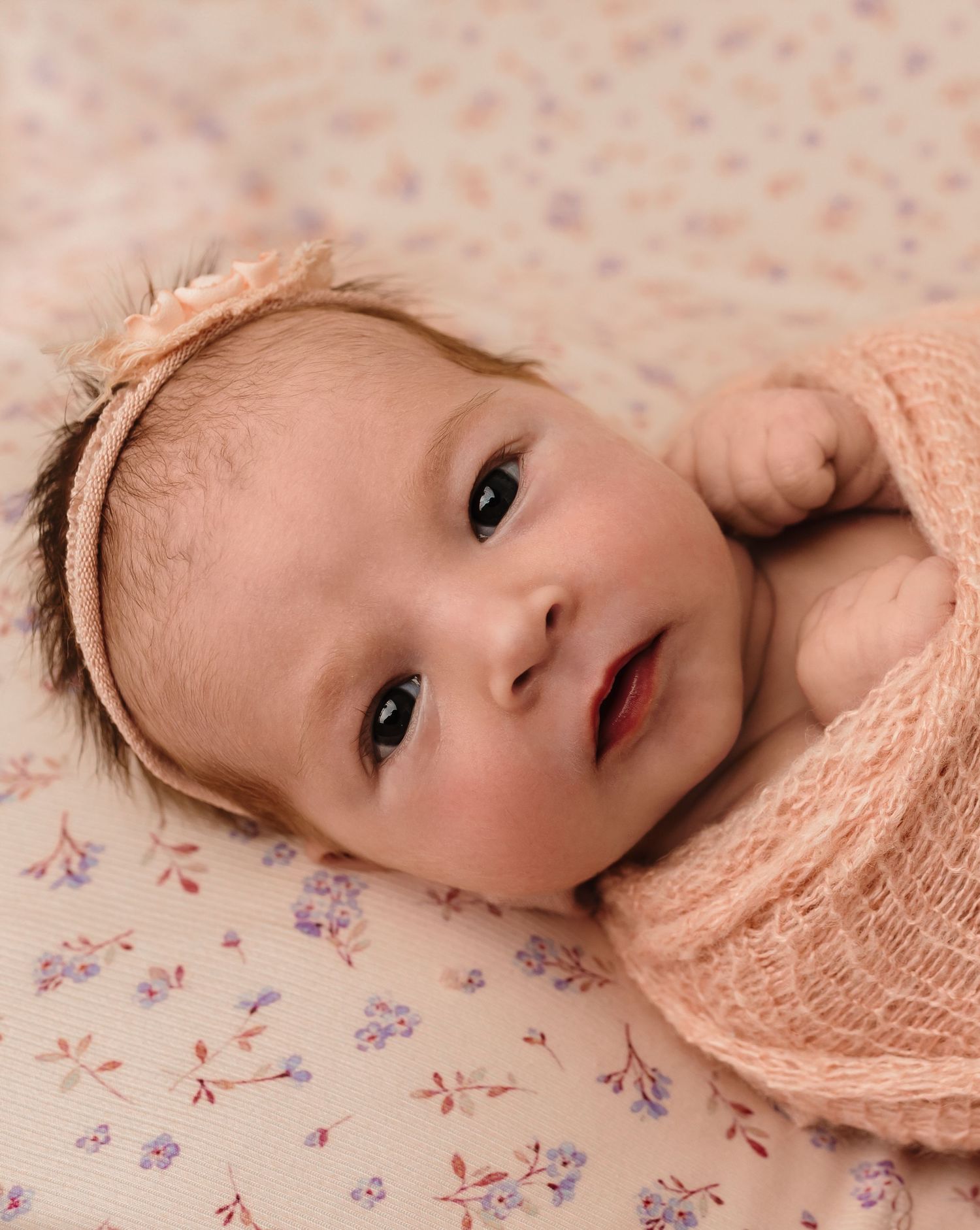 Charlottesville photographer, newborn, family, baby, maternity, wide-eyed newborn in pink wrap and on blush floral backdrop