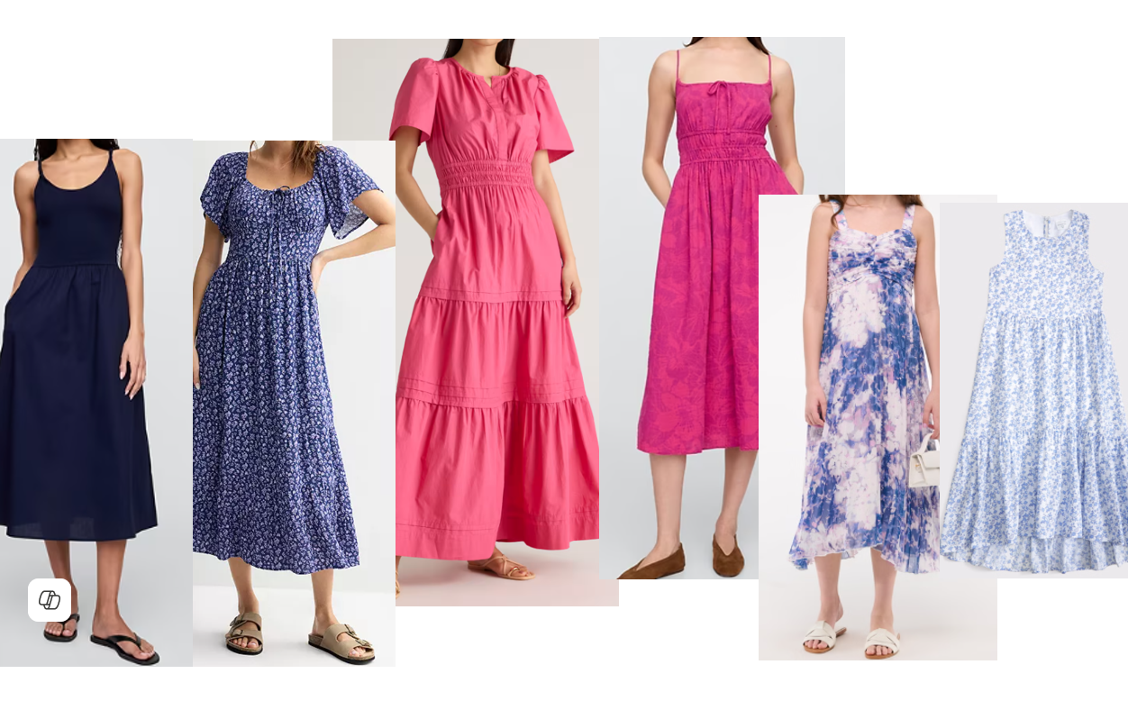 Multiple dresses in shades of pink and blue.
