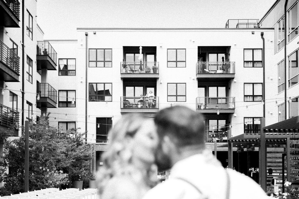 Bride and groom share kiss
