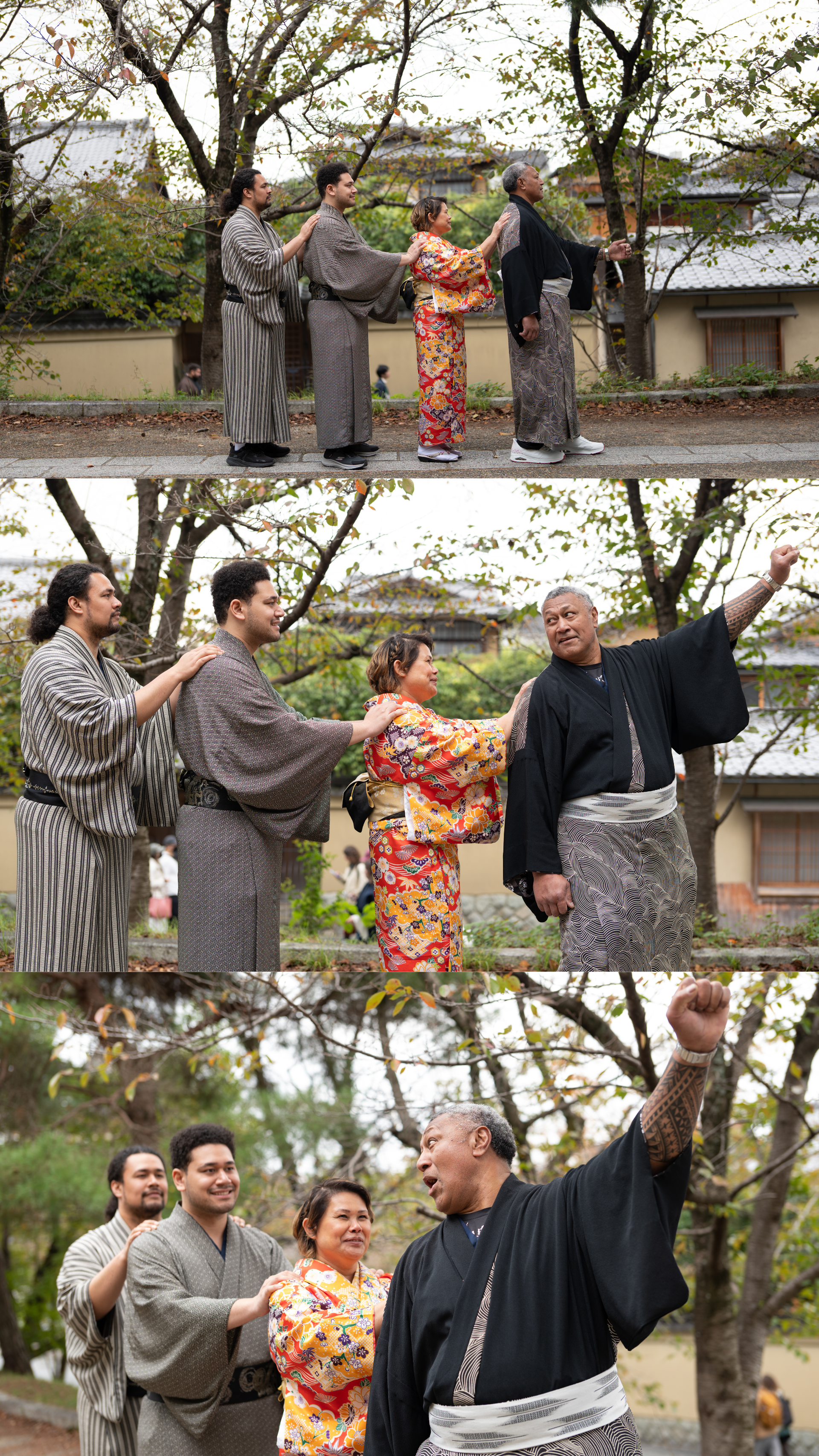 Family in traditional Japanese kimono enjoy playful moments together in Kyoto park setting.