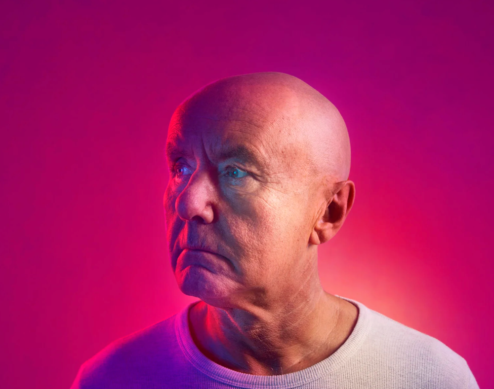 Portrait series with dramatic magenta lighting showing different expressions and angles.