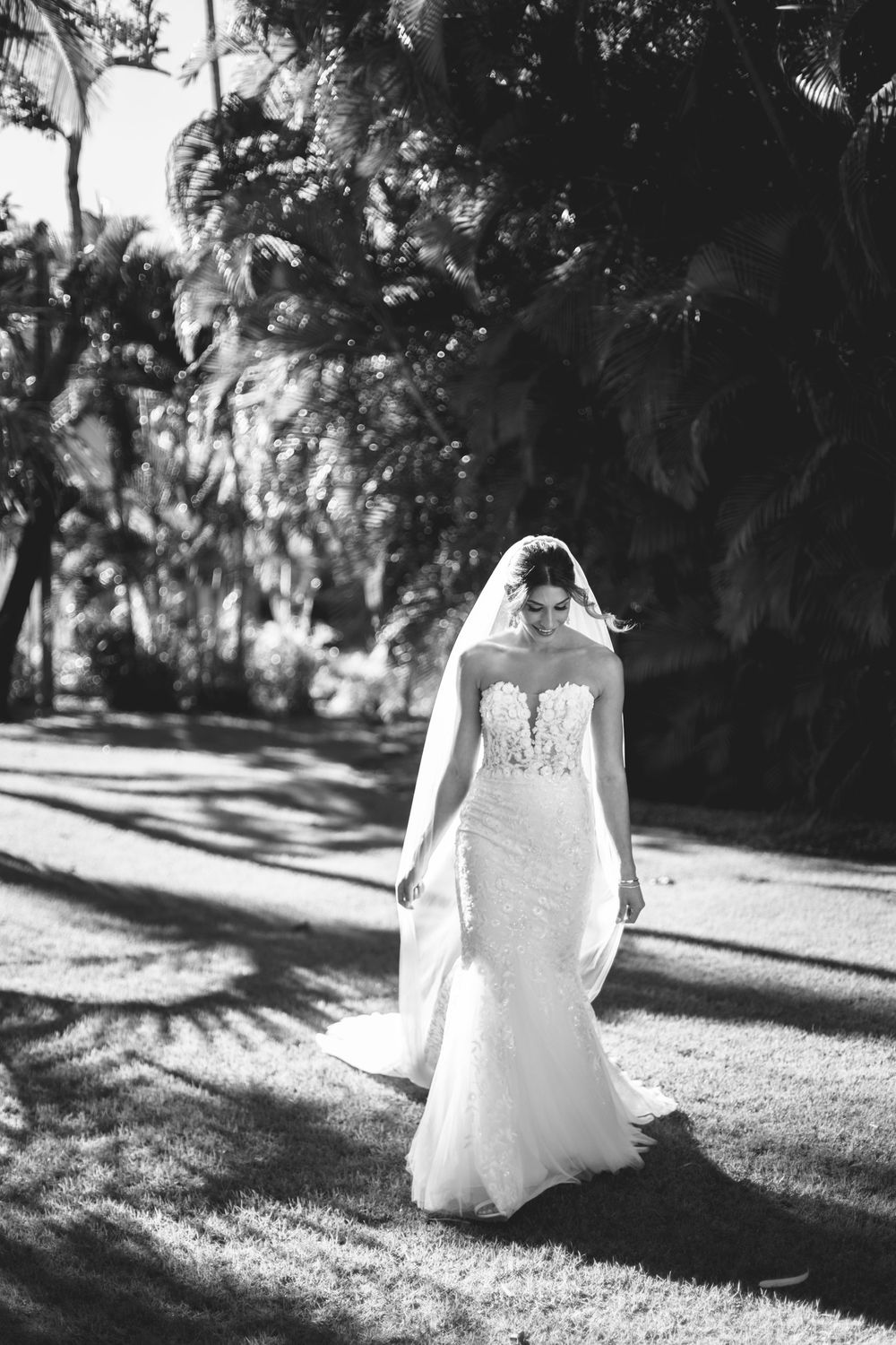 Black and white photo series of a bride in a flowing white dress walking through a sunlit garden path.