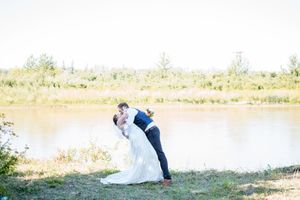 A series of romantic wedding poses captured by a lakeside setting.