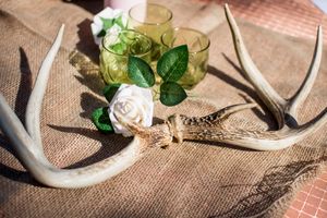 Rustic wedding decor details featuring antlers and greenery on burlap tablecloths.