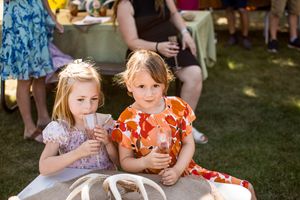 Children play with orange and white striped stuffed tigers at an outdoor summer gathering.