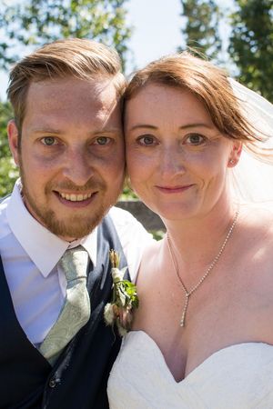 Close-up portraits of a wedding couple against a natural outdoor background.