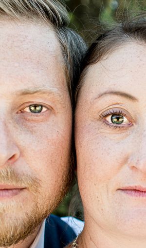 Extreme close-up portrait showing eyes and facial features in soft natural lighting.