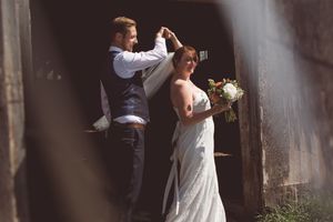 Wedding ceremony photos in rustic wooden setting with natural lighting.