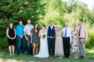 A series of group photos with wedding guests lined up against a natural outdoor backdrop.
