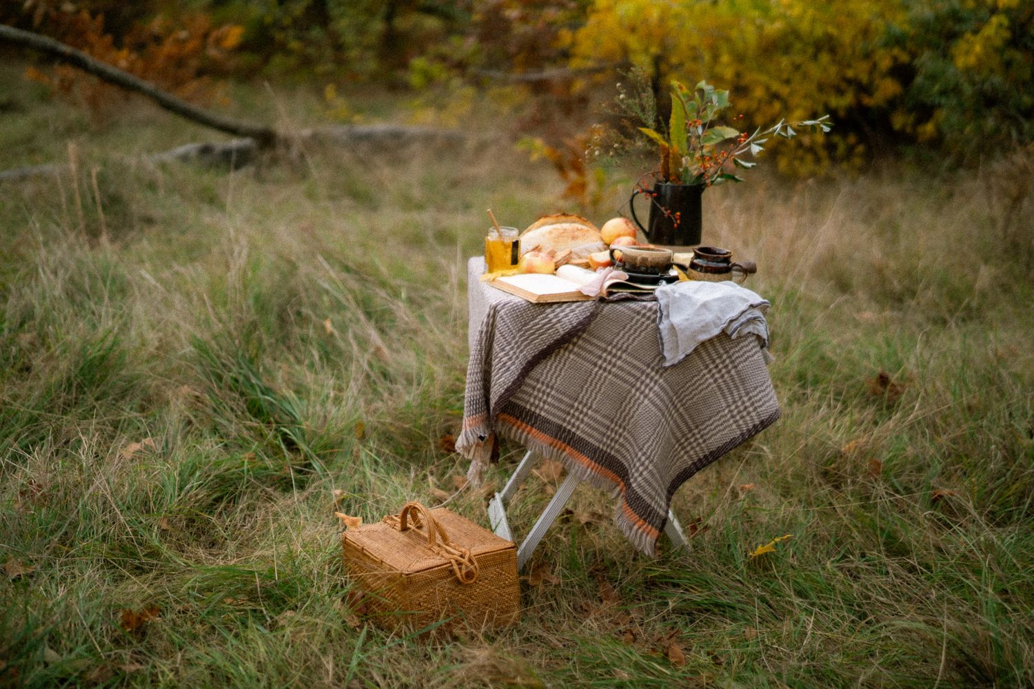 A cozy picnic setup in a grassy meadow with woven baskets and blankets at golden hour.