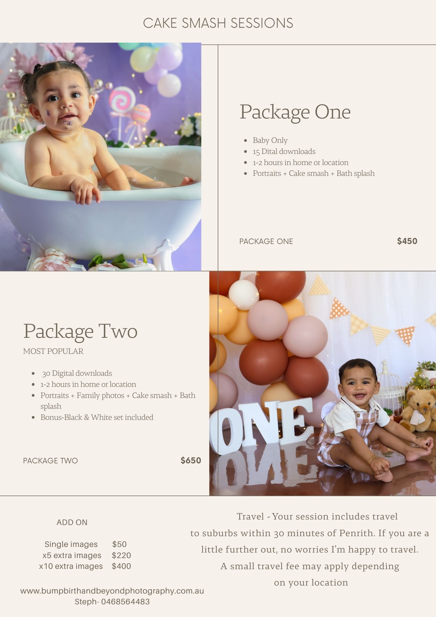 Cake smash price list for baby's celebrating their first birthdays. custom made themes, no mess. Smashing the cake and lots of memories.
