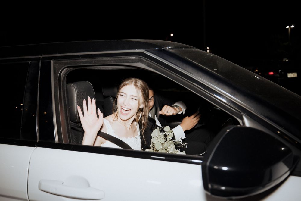 Several paparazzi-style nighttime photos of people in cars leaving an event.
