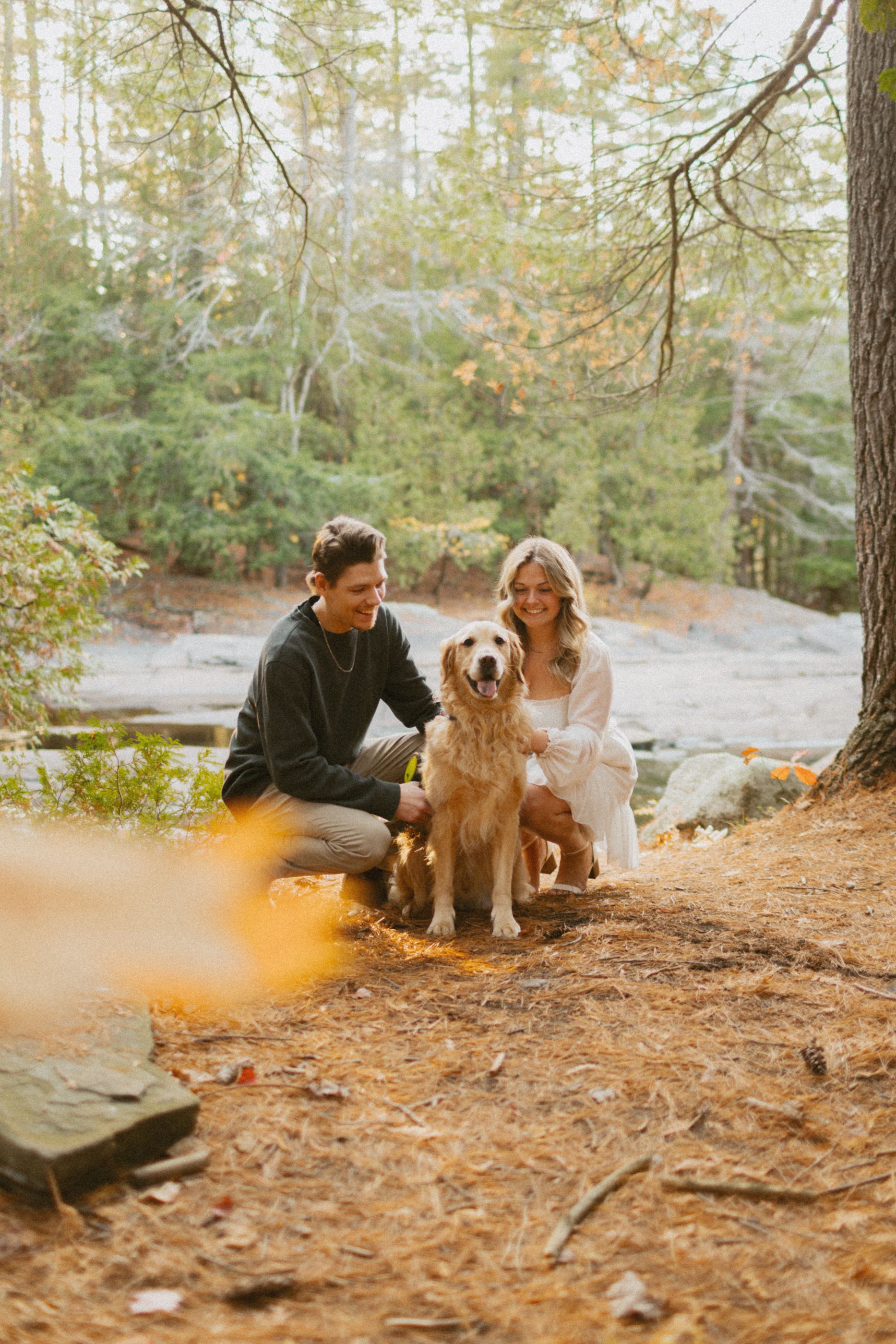 Couple with golden retriever dog posing in autumn forest setting.
