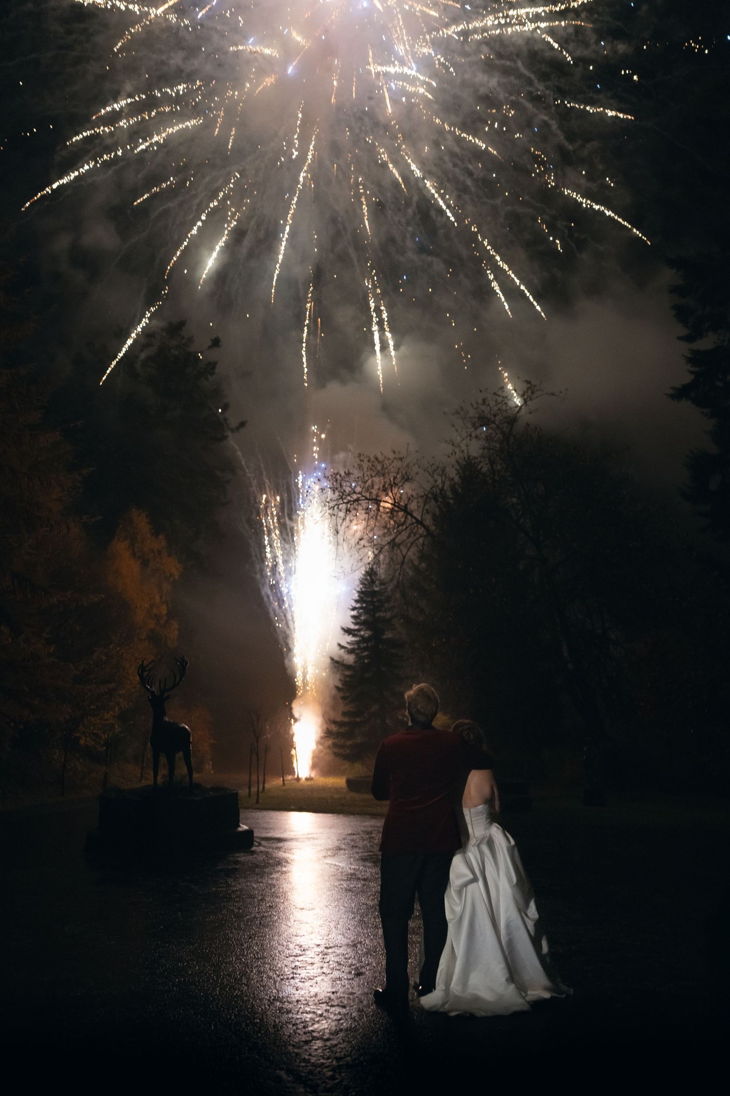 A couple watches a spectacular fireworks display at night against a dark forest backdrop during their wedding celebration.