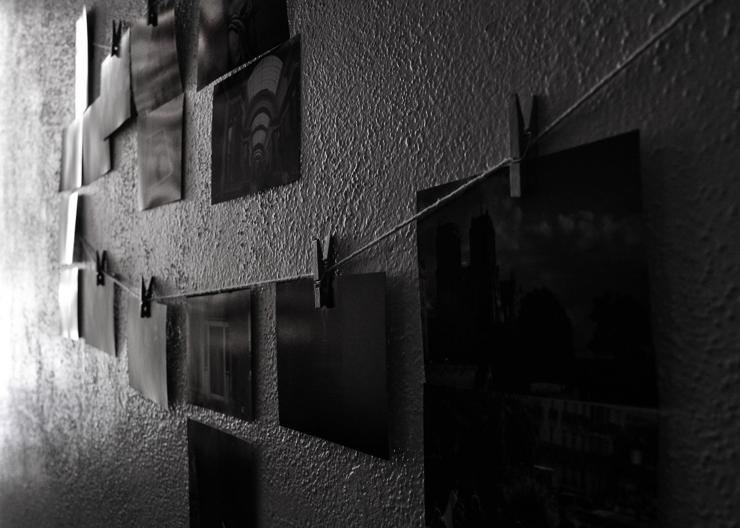 Hanging photo prints.