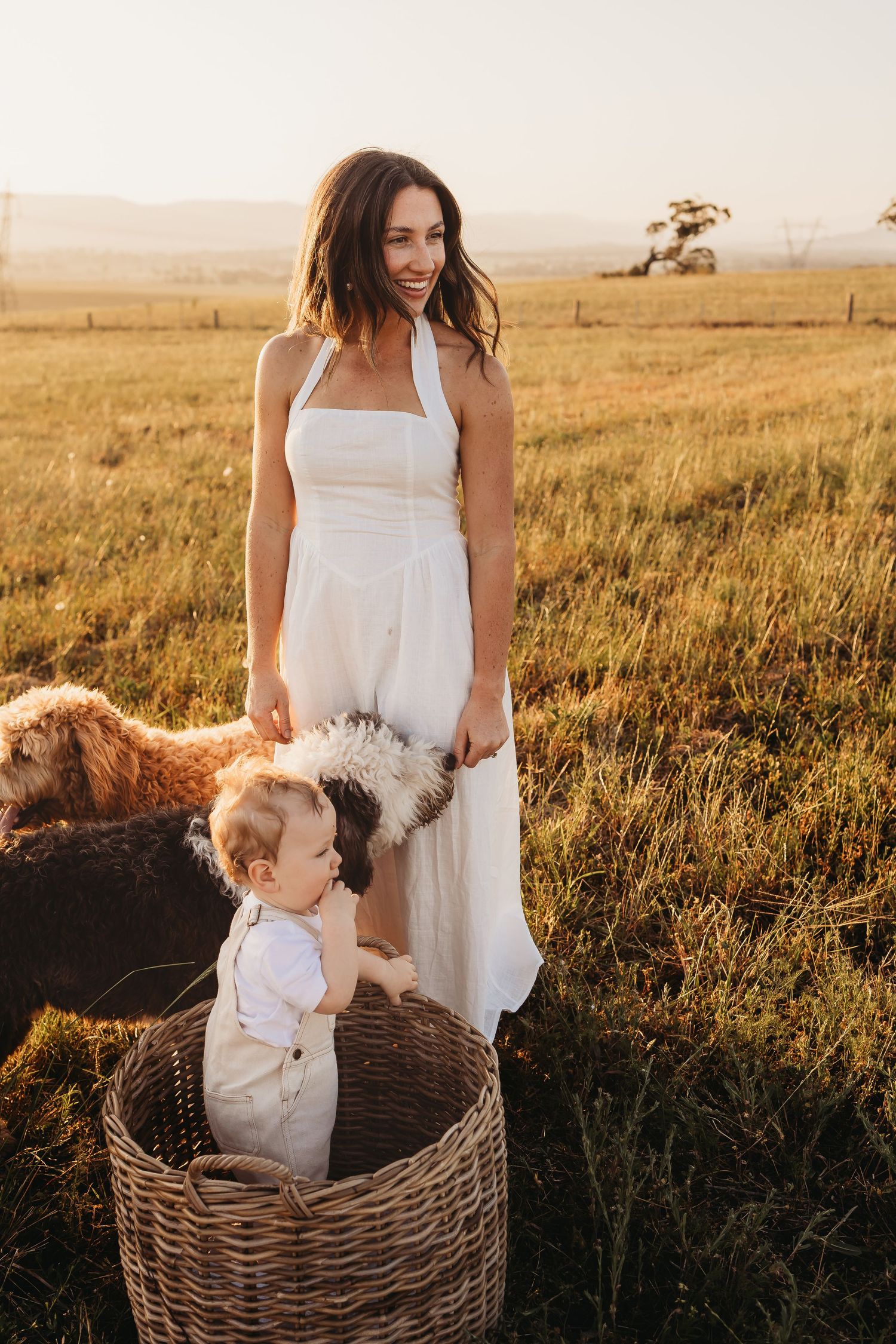 A white dress and toddler in wicker basket stand in golden field at sunset with mountains in background.