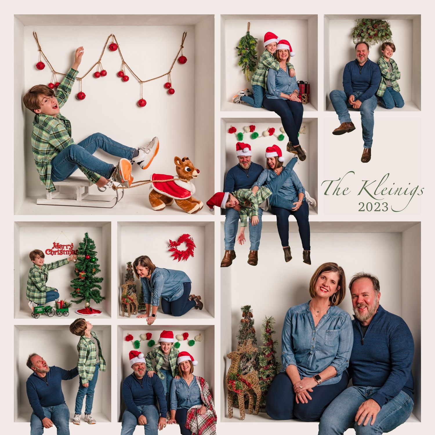 A collage of holiday photos featuring couples in denim outfits posing with Christmas decorations and festive red berries.