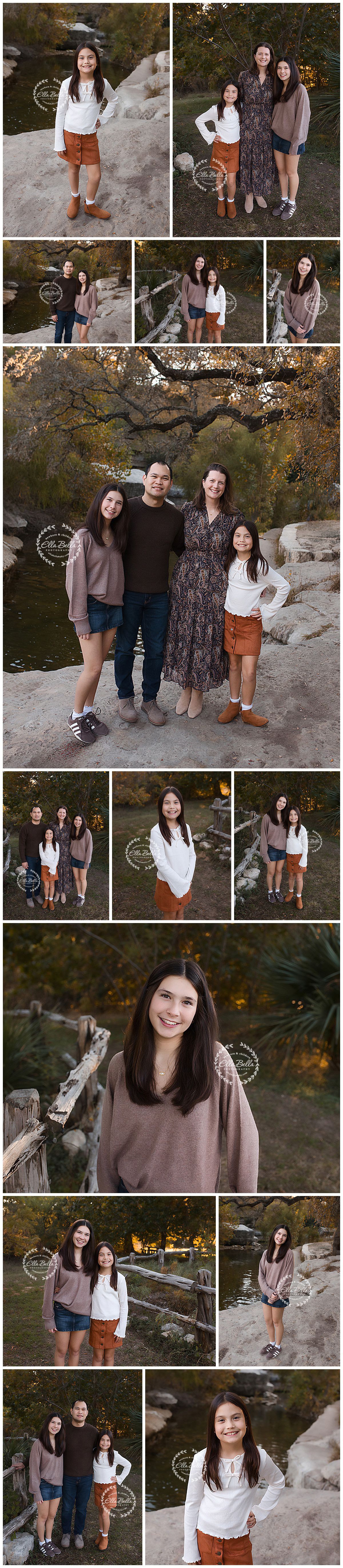 A collection of outdoor portrait photos taken in a natural setting with rocks and autumn trees near a pond.