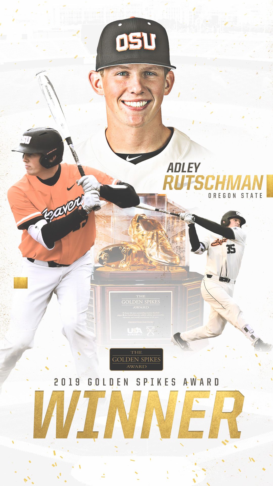 Adley Rutschman Oregon State wins 2019 Golden Spikes Award promotional graphic with trophy and action shots.