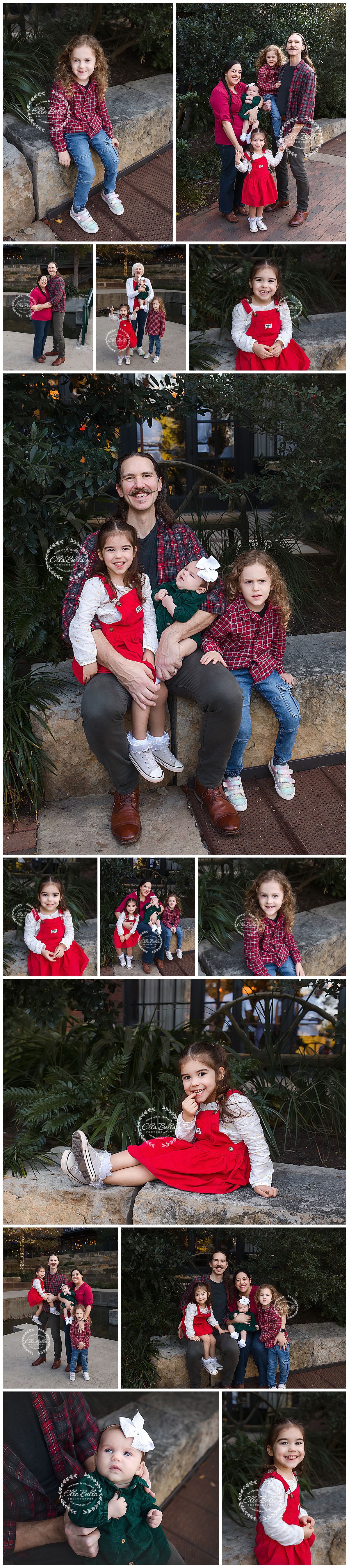 A collection of outdoor family portraits featuring coordinated red and plaid outfits during a winter photo session.