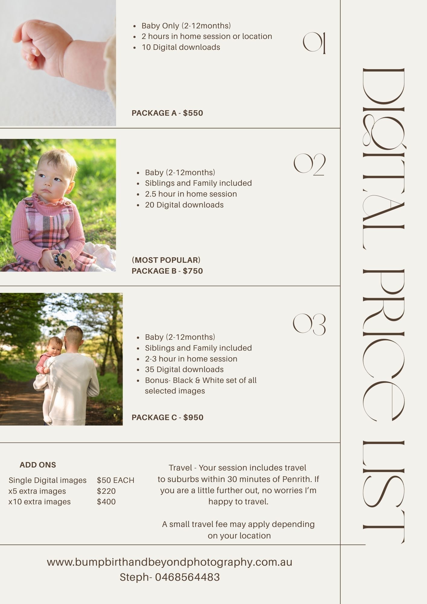 Baby photos, baby photoshoot price list with Bump birth and beyond. outside location or in home session available.