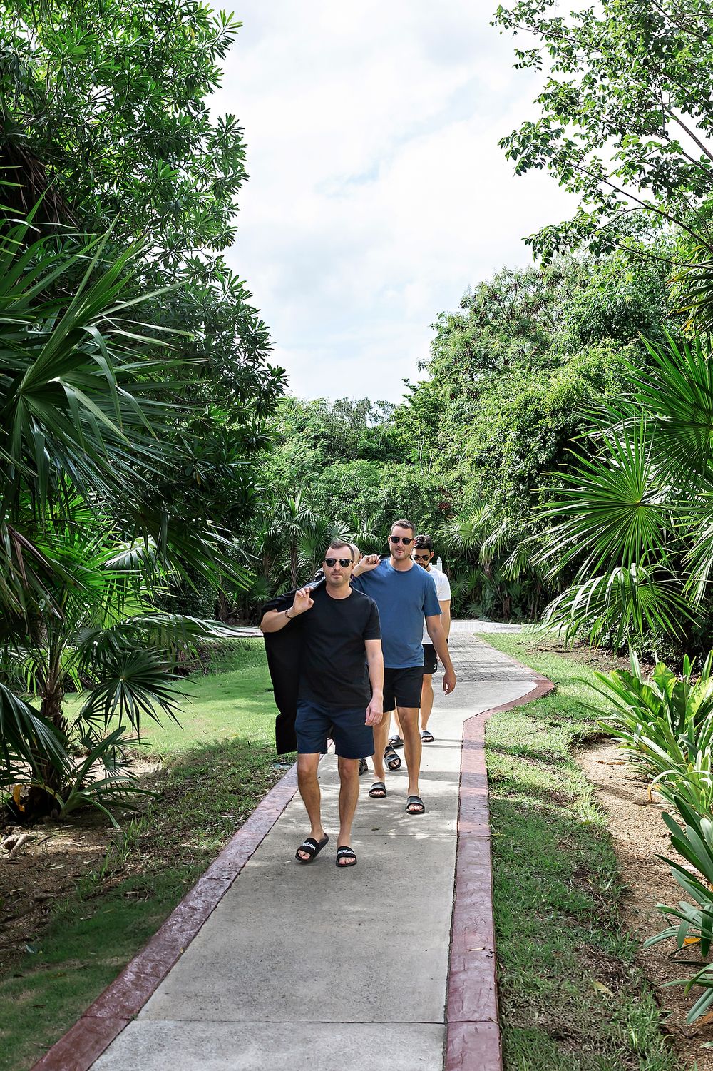 People walking along a winding concrete path surrounded by lush tropical plants and palm trees on a sunny day.