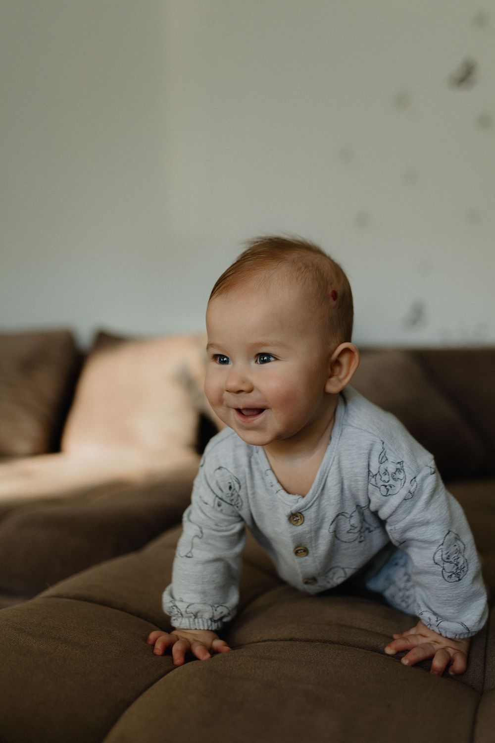 A baby in a gray sweater crawls and smiles on a brown couch during a candid photo sequence.