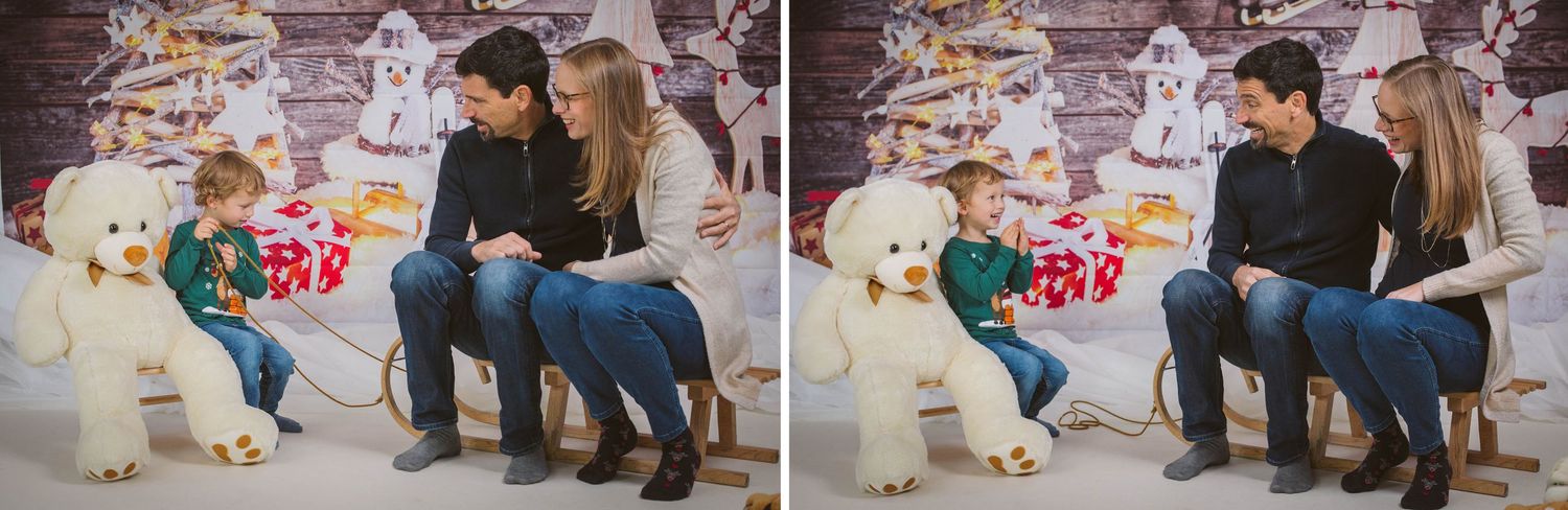 A small white dog interacts with a person sitting on a couch in a series of playful moments.