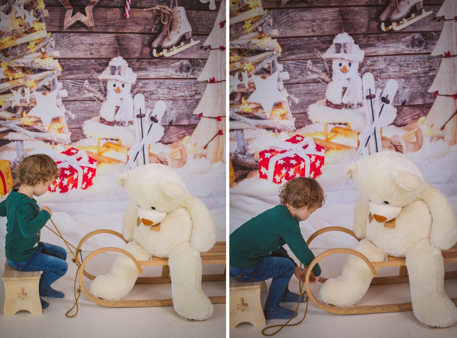A sequence showing the assembly process of a large inflatable snowman decoration against a brick wall background.