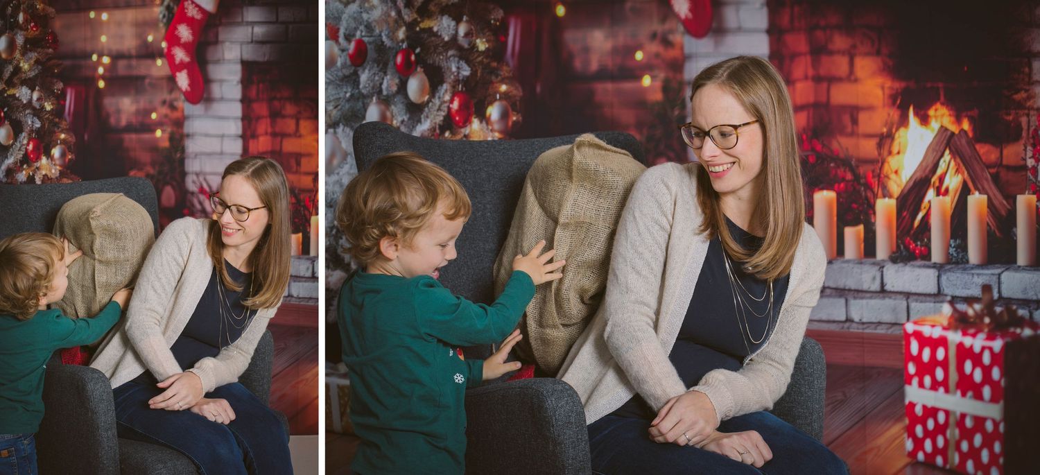A romantic holiday portrait session with red brick walls and warm lighting creating an intimate atmosphere.