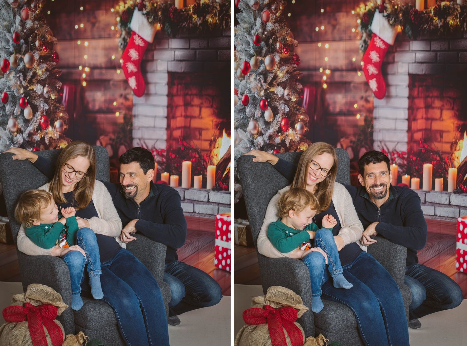 A couple shares tender moments on a couch decorated with holiday lights and festive decor in a series of candid shots.
