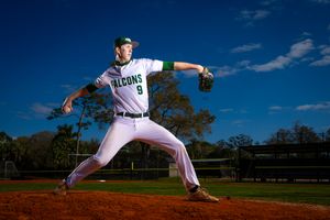 Baseball pitcher in mid-delivery motion on mound during sunset.