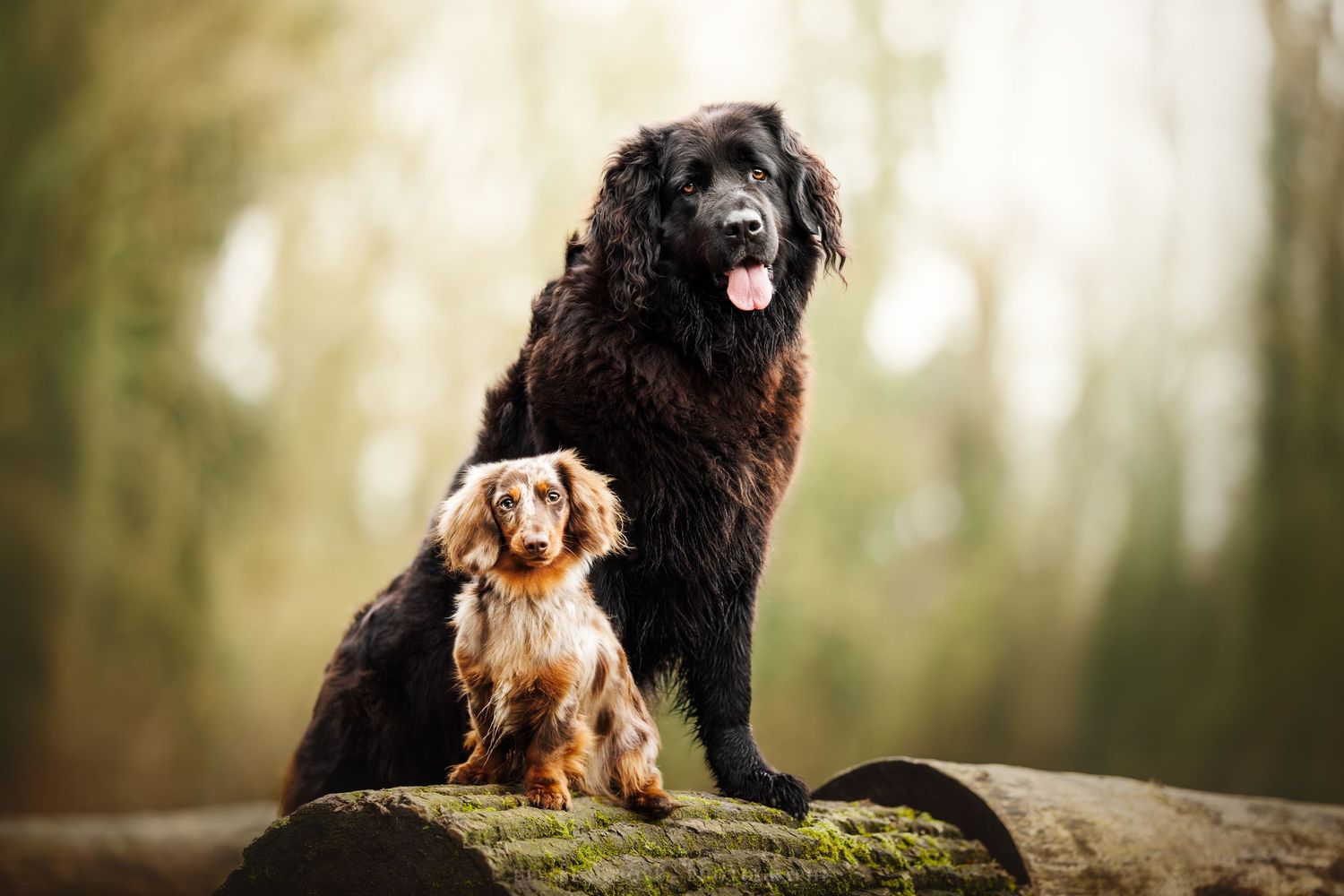 Large black Newfoundland and small brown dog posing together on mossy log.