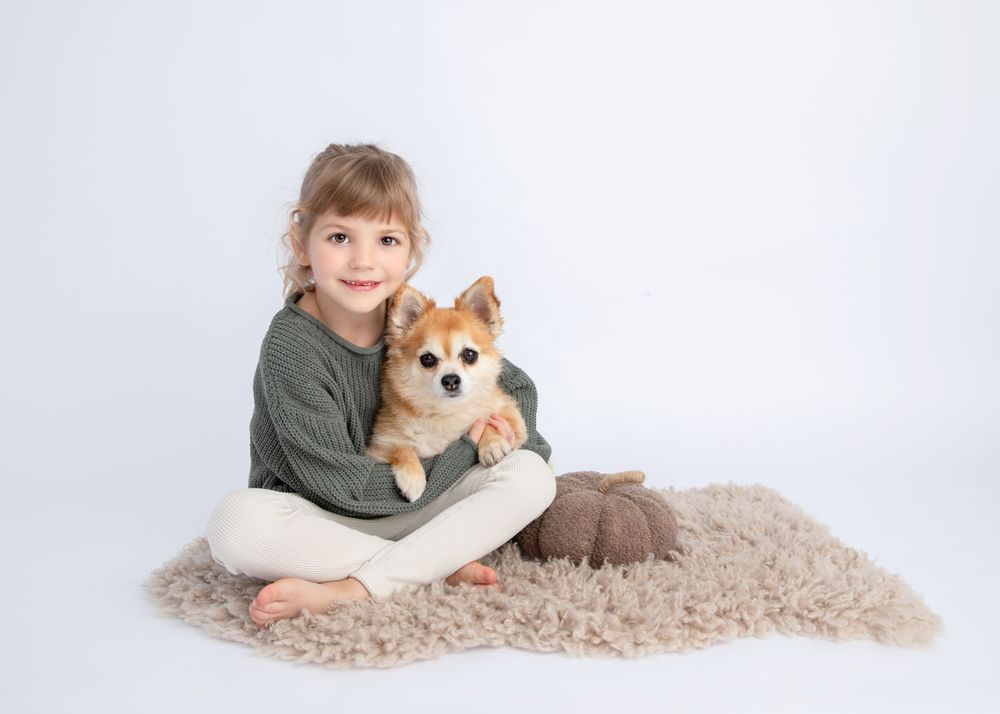 Child in gray sweater cuddling with a small Corgi puppy on plush carpet.