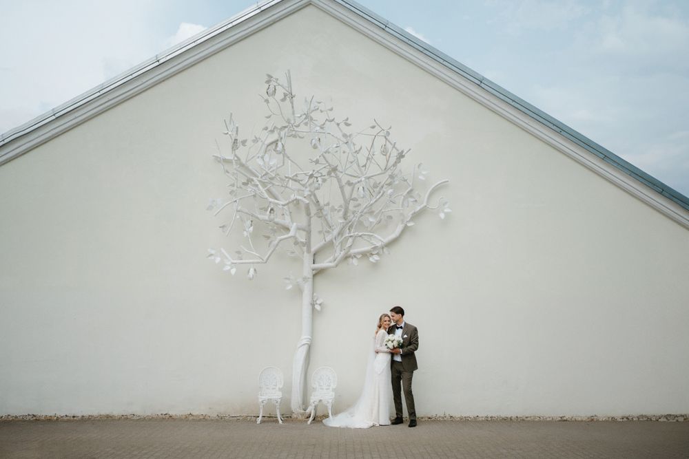 Wedding couple poses against minimalist white wall with artistic tree branch installation.