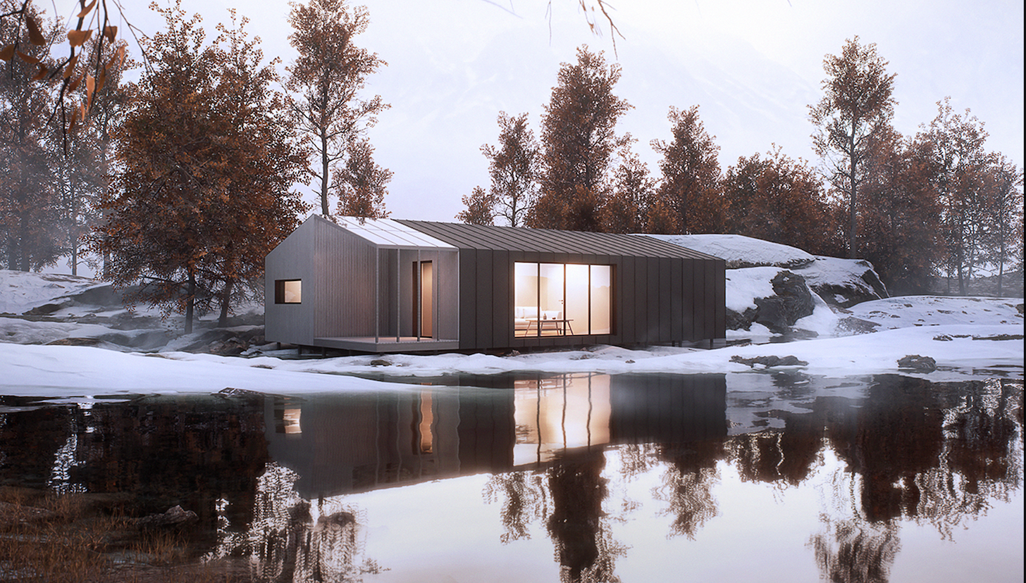 Minimalist white modular home with vertical panels and large windows set in an arid landscape.