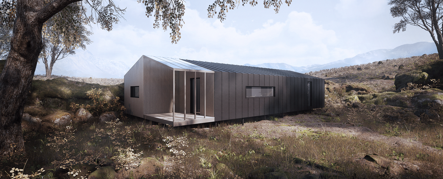 Minimalist white modular home with vertical panels and large windows set in an arid landscape.