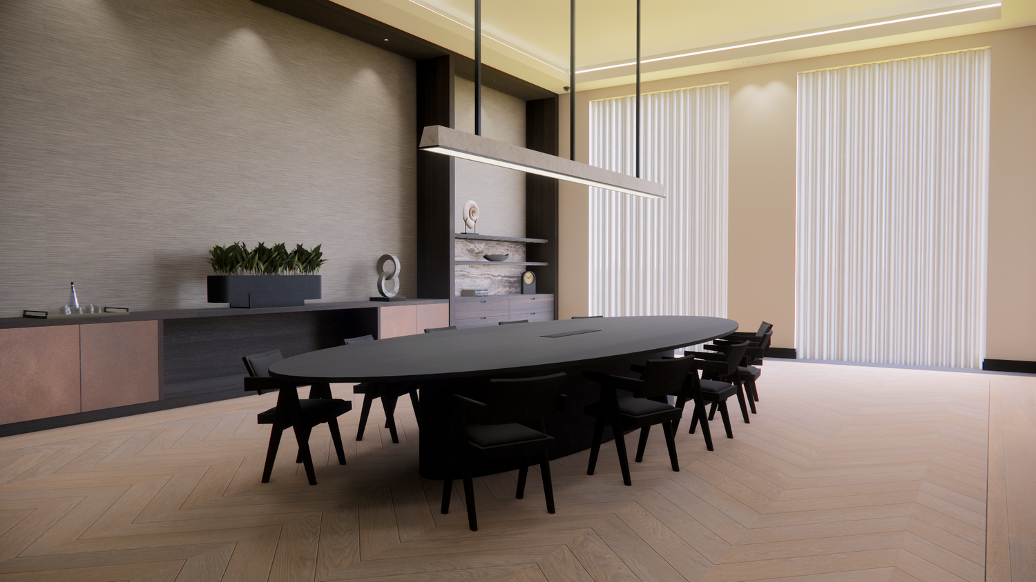 Conference room with long black table, dark chairs and contemporary lighting against textured walls.