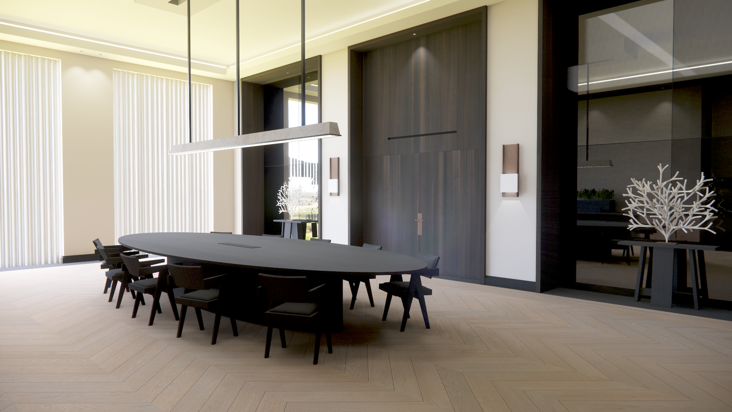 Modern meeting space featuring black round table, minimalist chairs and linear pendant light.