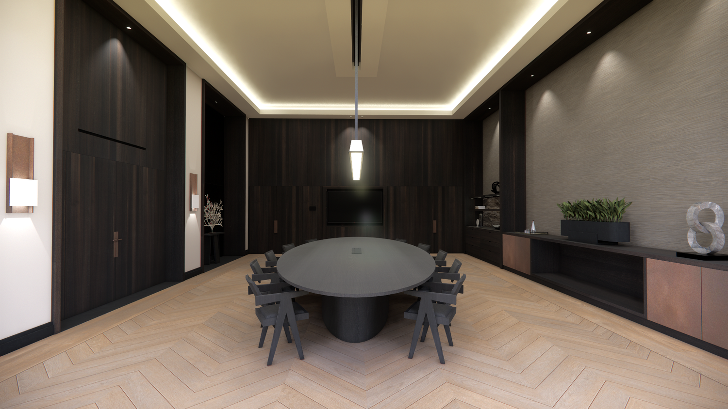 Dark modern conference room with round table, matching chairs and ambient ceiling lighting.