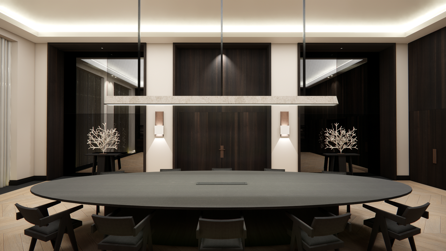 Modern conference room with black oval table, designer chairs, and minimalist lighting fixtures.
