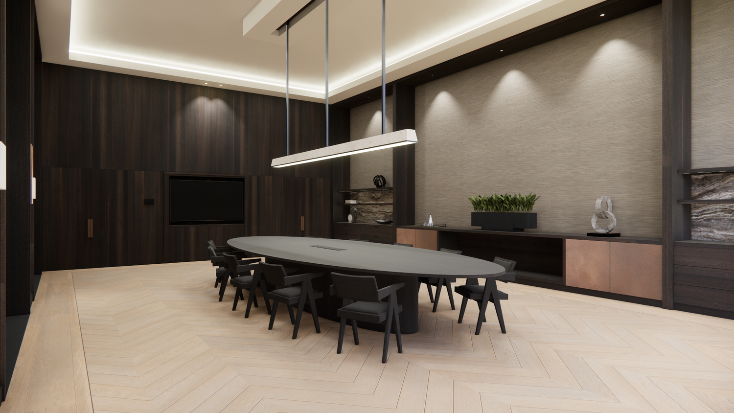 Sophisticated boardroom with black dining chairs and linear suspended lighting over oval table.