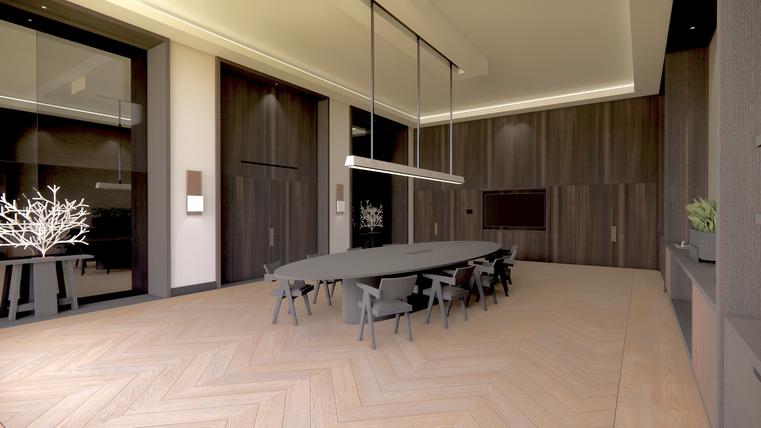 Spacious meeting room with beige flooring, dark wood panels, and modern conference furniture.
