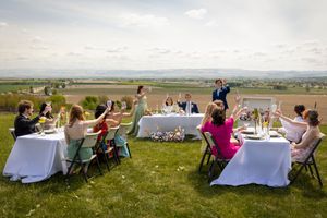 Guests toasting at spring style wedding Garman Hill Wilder Idaho