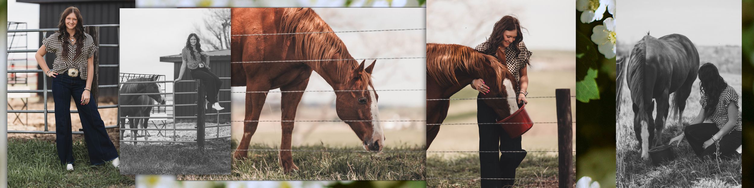 Four different images of a person posing with horses feature similar mirror poses between human and equine subjects.