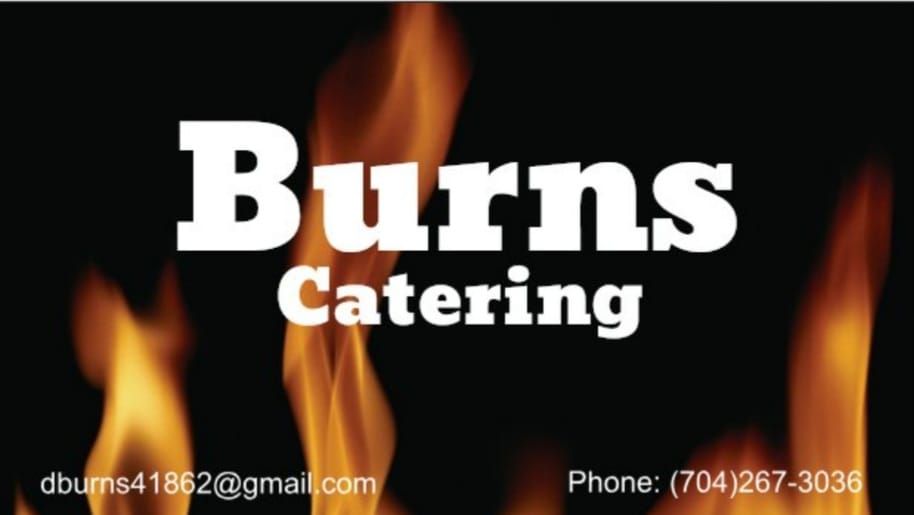 Black business card for Burns Catering with flames decoration showing phone number and email contact information.