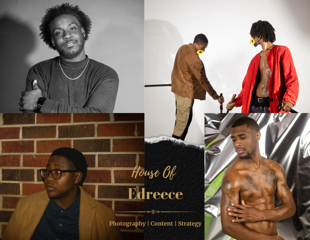Professional photography collage featuring four artistic portraits with urban and studio settings in warm tones.