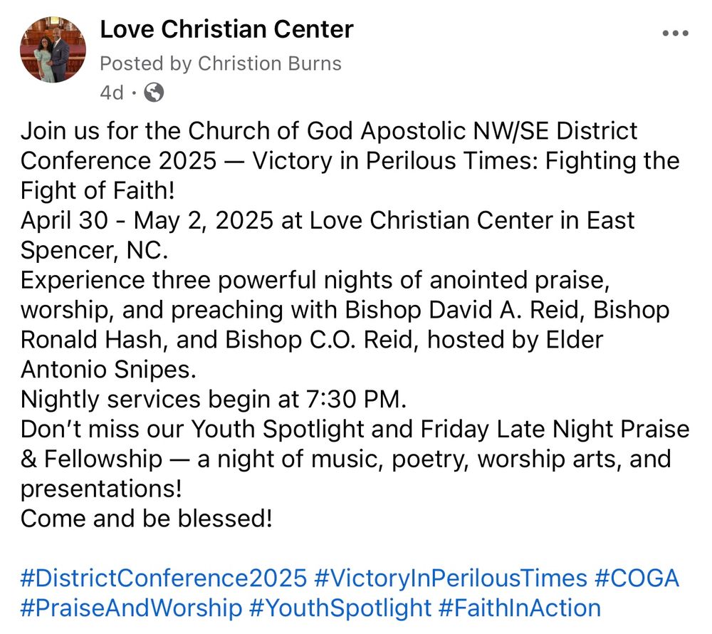 Church event announcement for Victory in Perilous Times conference at Love Christian Center featuring worship and youth activities.