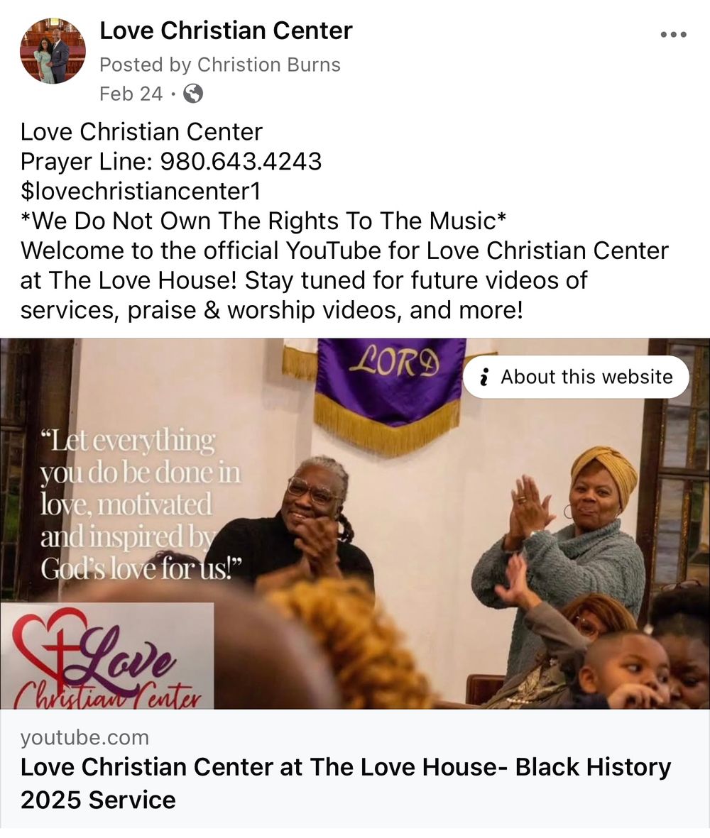 A social media post for Love Christian Center featuring church service promotion with a purple banner and religious text overlay.