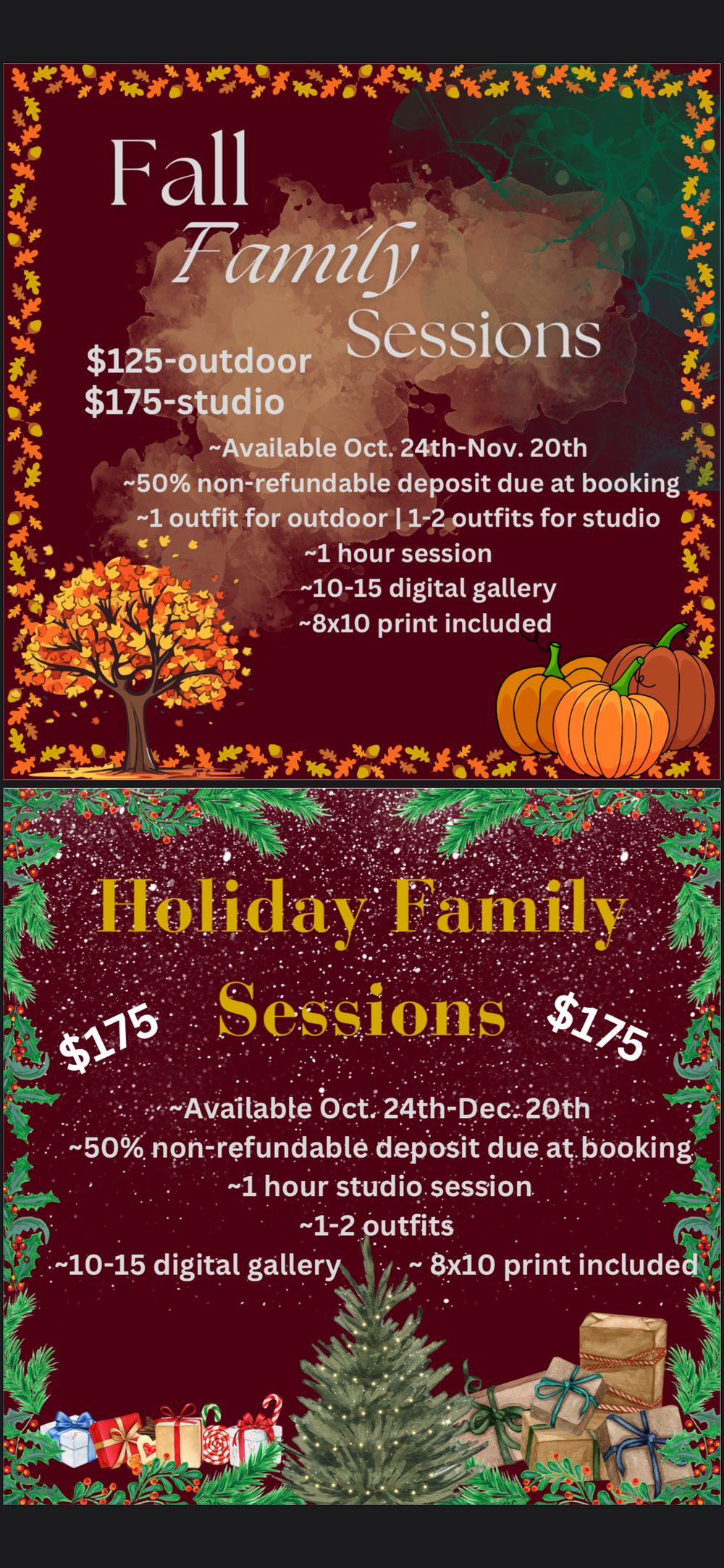 Promotional flyer advertising fall and holiday family photography sessions with pricing and package details in burgundy and green colors.